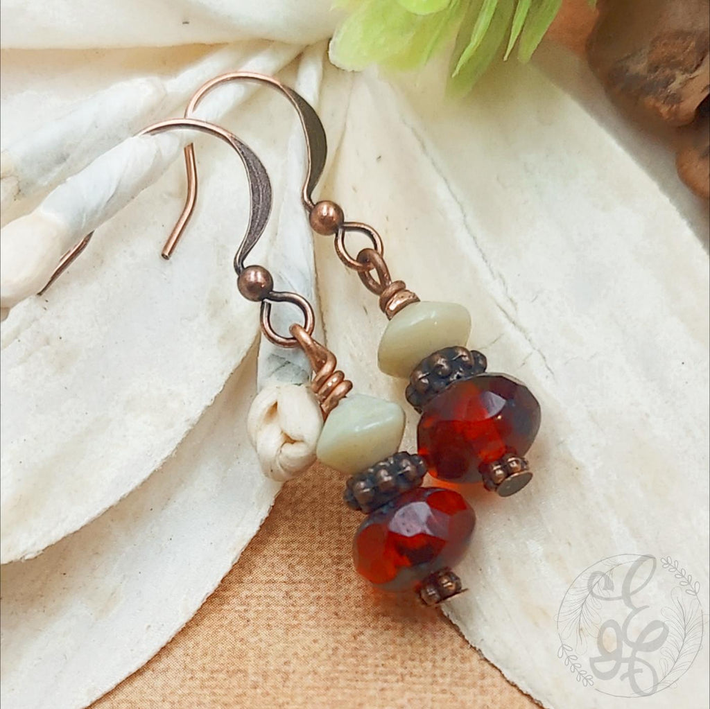 Grenadine Red Dangle Earrings with Antique Copper Finish, Mother's Day Gift for Her