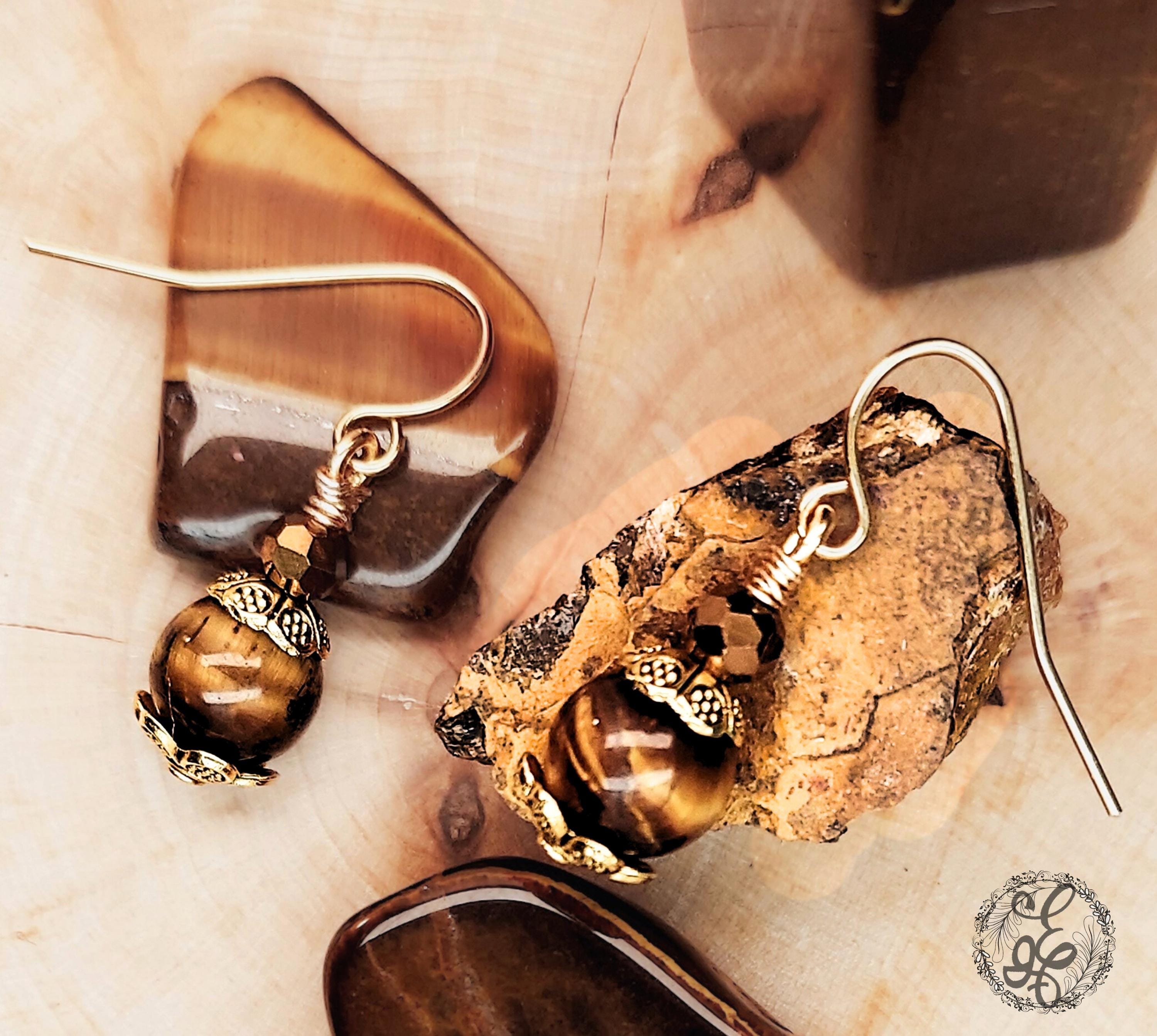 Tiger's Eye Earrings Gold Plated – Handmade Dangle Earrings – Hypoallergenic Gemstone Jewelry Gift for Her