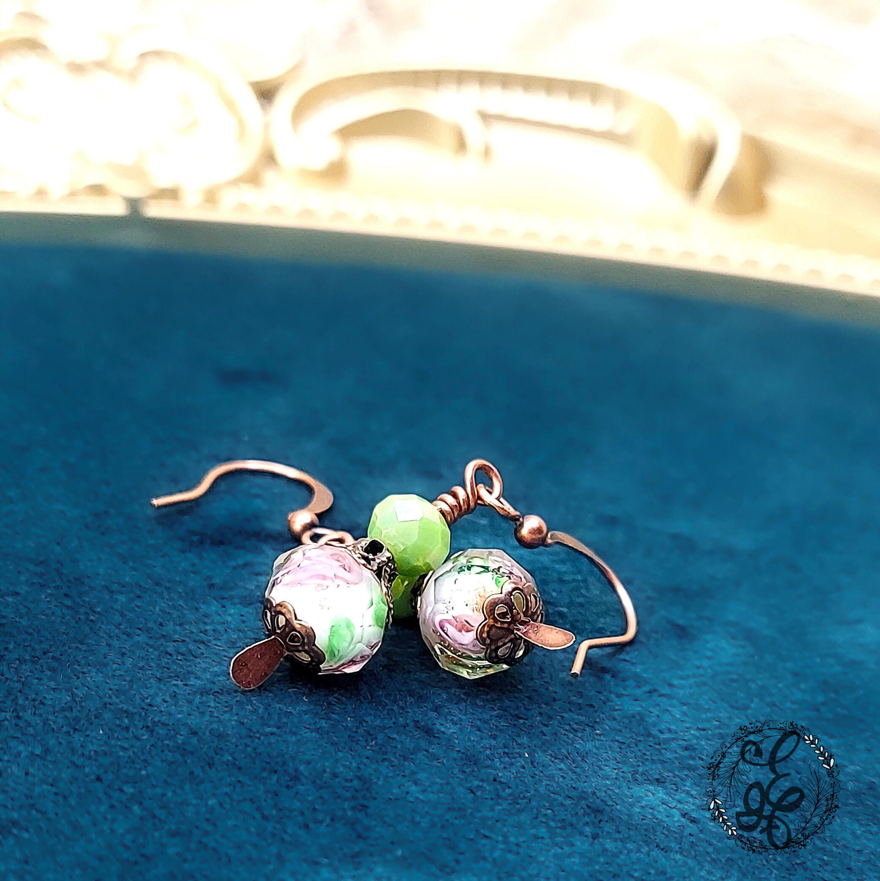 Tea Party Dangle Earrings | Vintage-Inspired Floral Lampwork Beads | Antique Copper Earrings | Whimsical Gift for Her