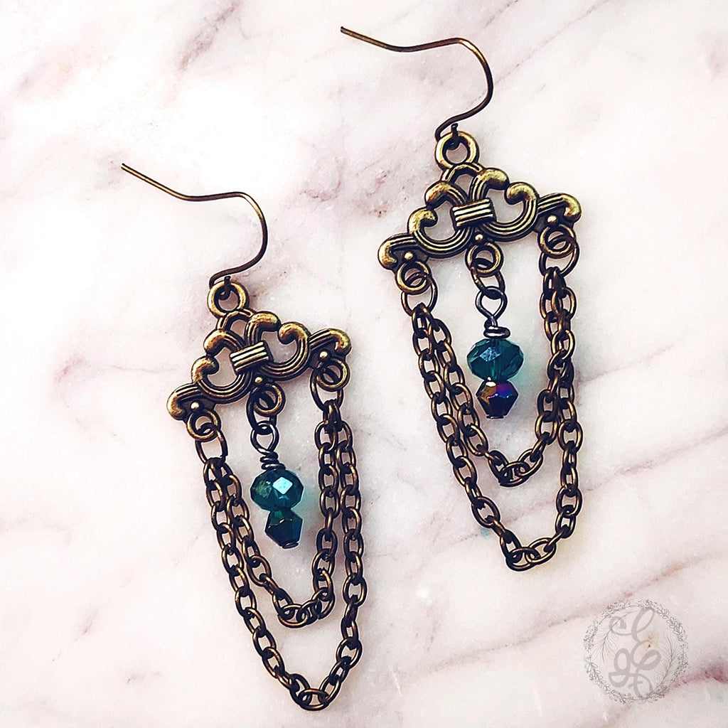 Vintage Chandelier Earrings in Antique Gold & Teal Crystal