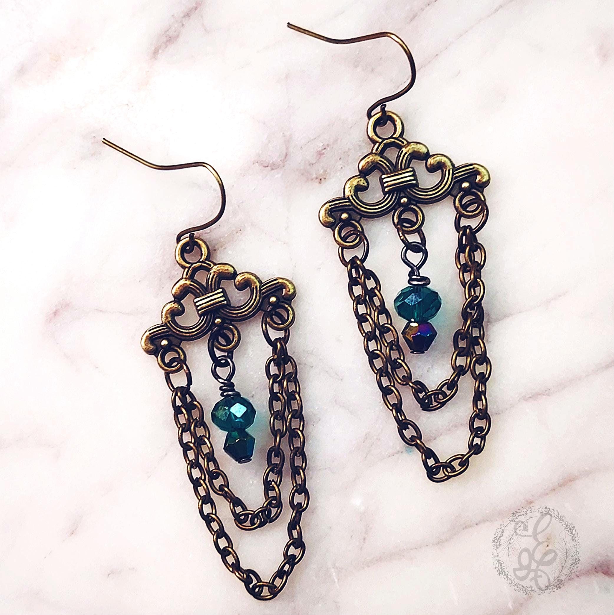 Vintage Chandelier Earrings in Antique Gold & Teal Crystal