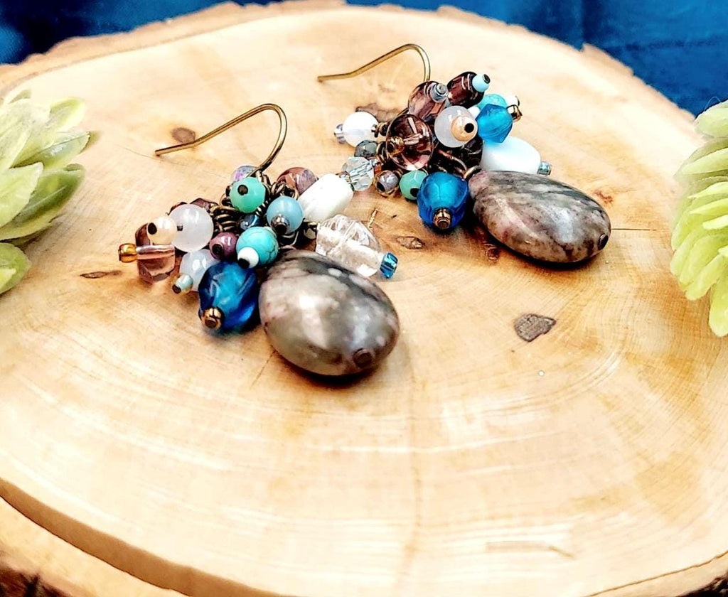 Genuine Jasper Gemstone Earrings – Earthy Boho Cluster Earrings – Antique Gold Jewelry