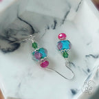 Rose Dangle Drop Earrings, blue pink and green danity earrings