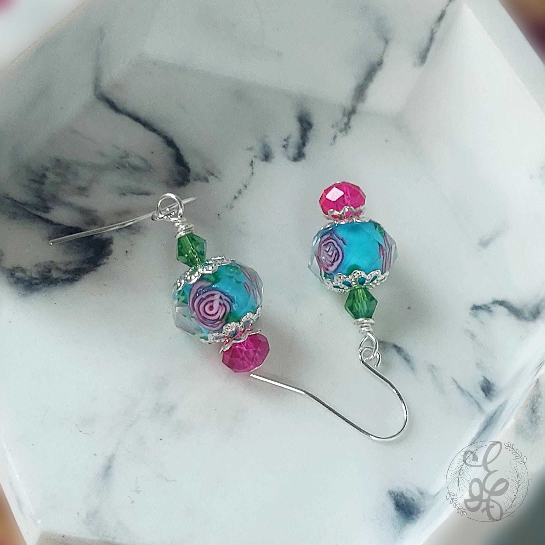Rose Dangle Drop Earrings, blue pink and green danity earrings