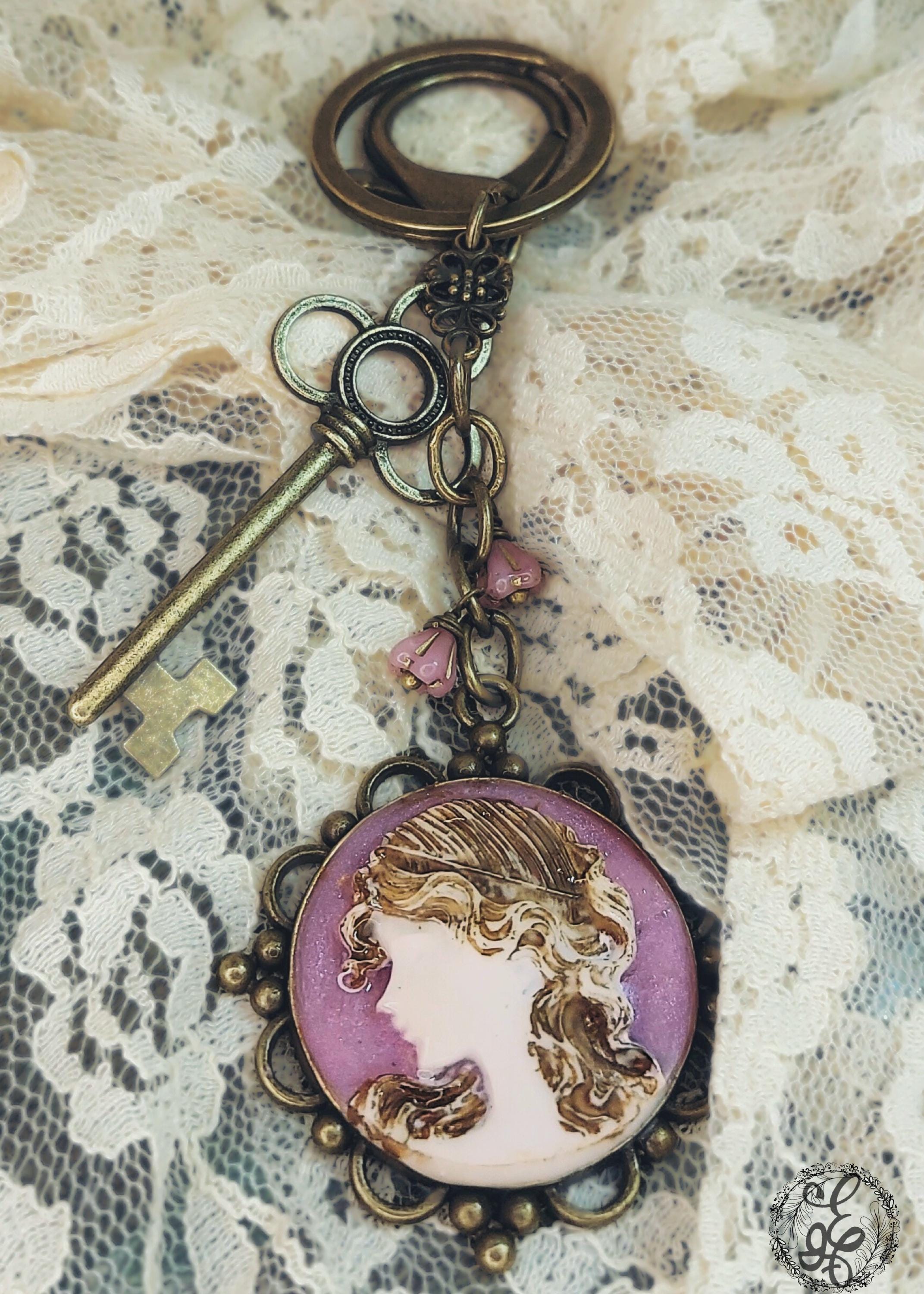 Vintage-Inspired Cameo Purse Charm – Antique Key, Distressed Cameo, Czech Glass Bellflowers – Eidel’s Ideas Original