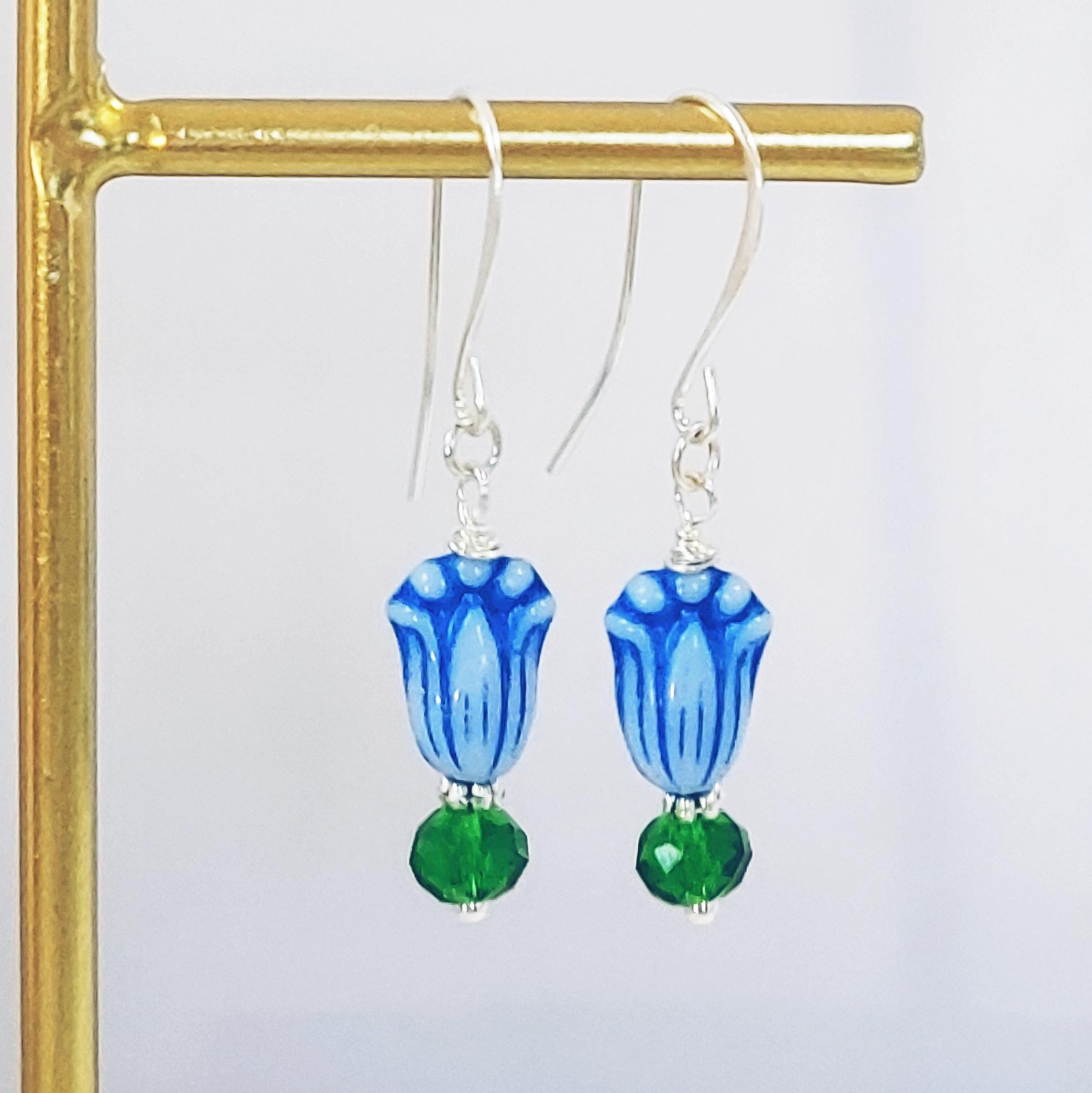 Blue Tulip & Green Crystal Earrings – Blooms in Copper or Silver