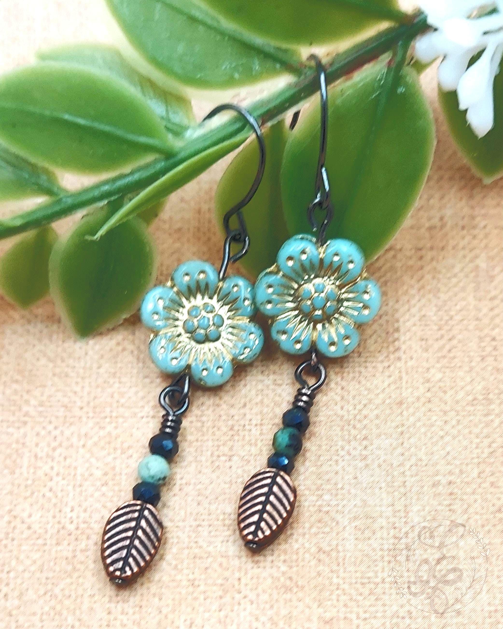 Wild Rose Gunmetal Earrings in Turquoise with Amazonite and Black Crystals: Boho Dangle Earrings for Women and Teens