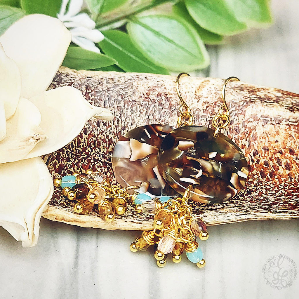 Brown and Cream Disc Earrings with Cluster Drop - Tortoise Shell Acetate Dangle Earrings