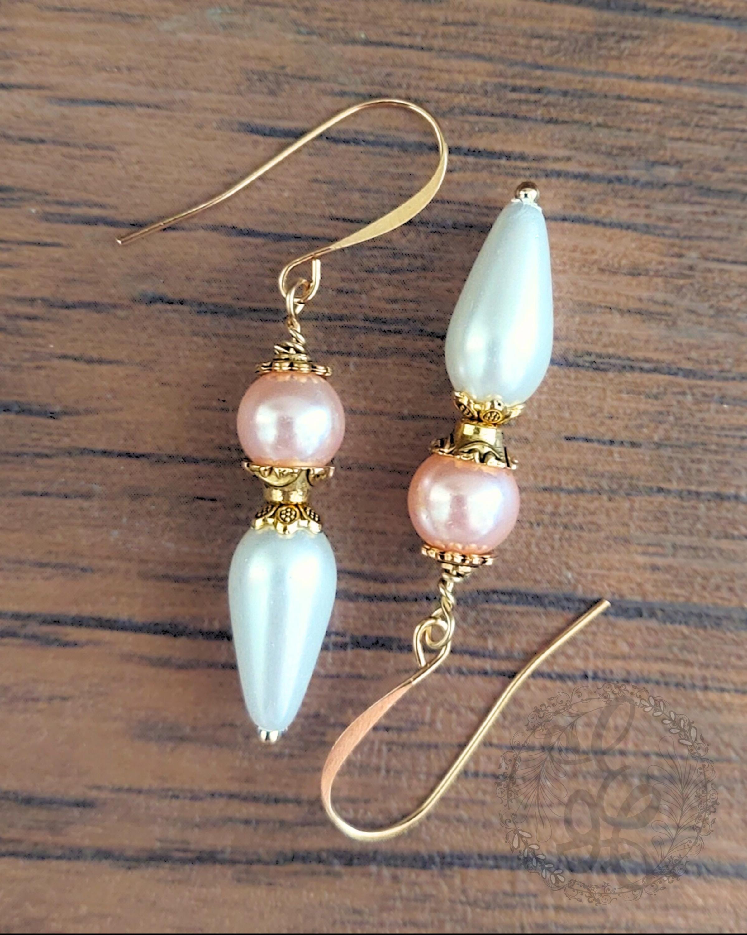 Petal Pink & White Glass Pearl Drop Earrings – Gold Plated Hypoallergenic Hooks – Vintage Style Dangle Earrings – Eidel’s Ideas Original
