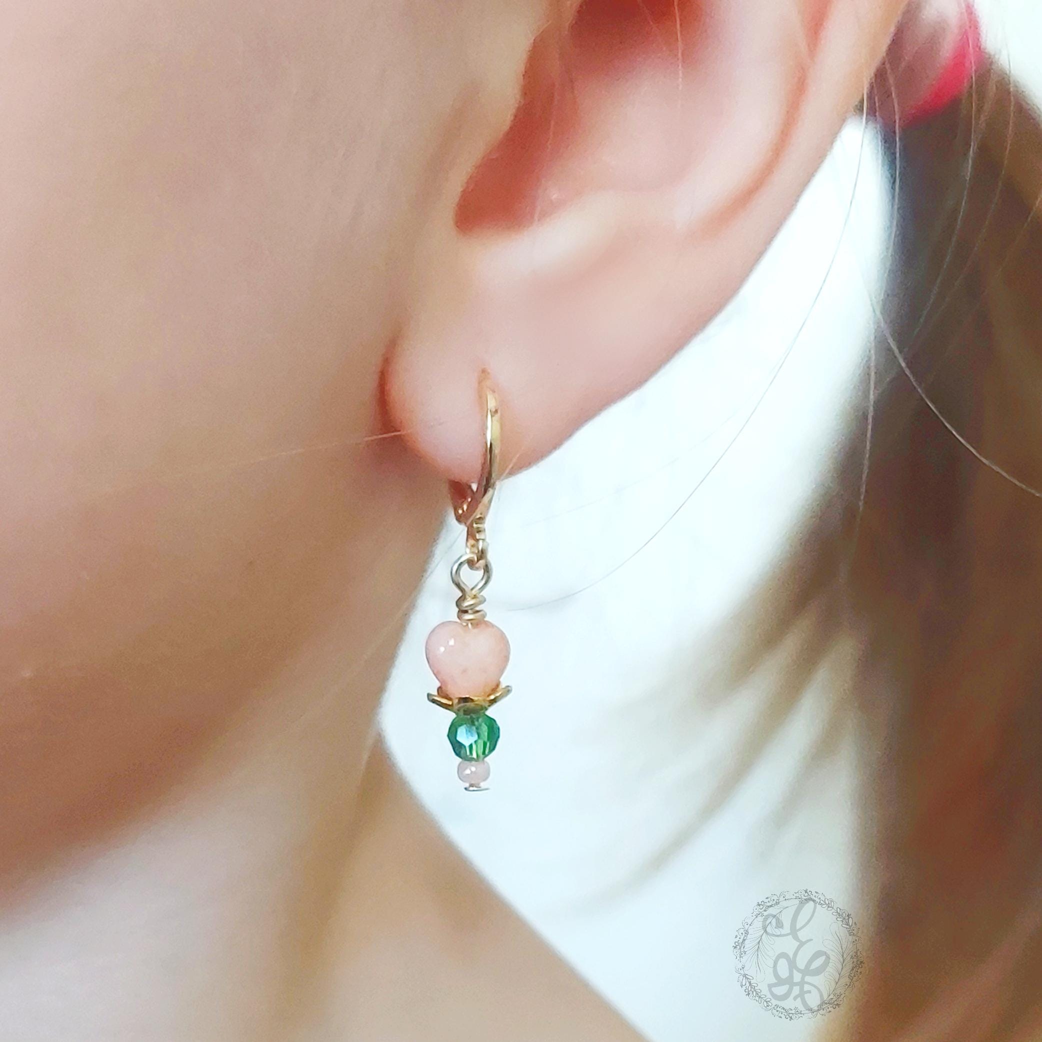 Petite Gold Huggie Hoop Earrings – Pink & Green Crystal Dangles | 18K Gold Hoops for Girls