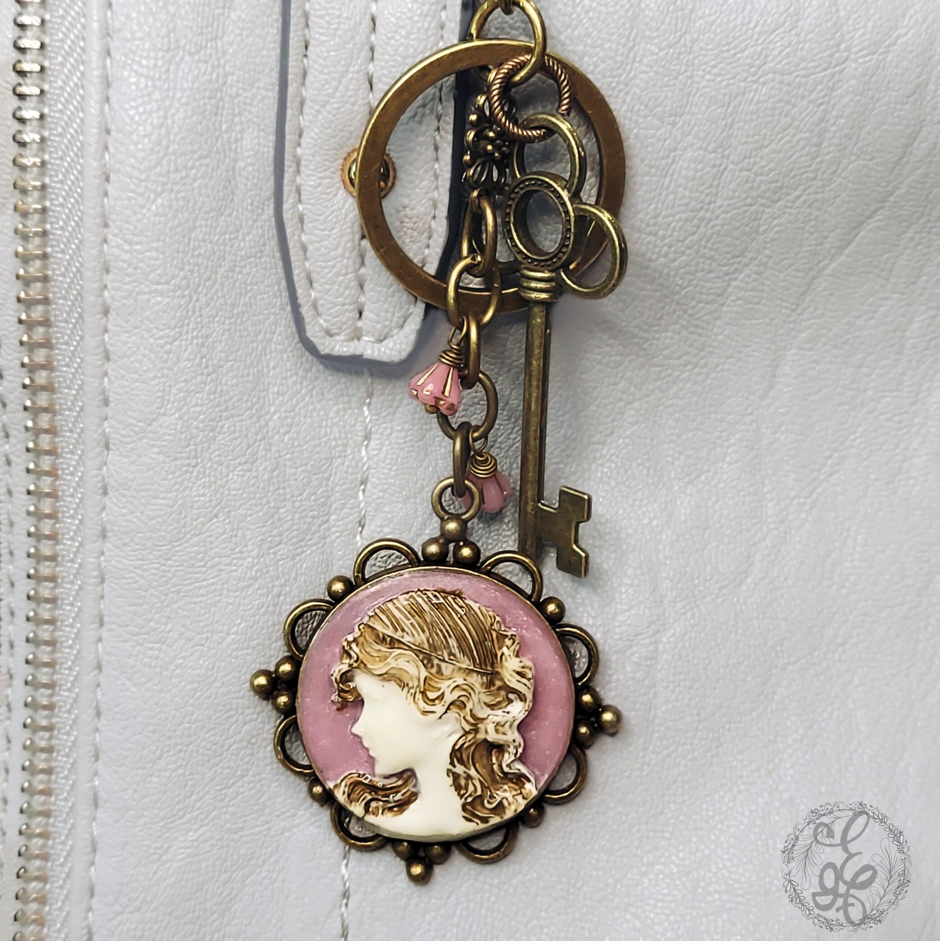 Vintage-Inspired Cameo Purse Charm – Antique Key, Distressed Cameo, Czech Glass Bellflowers – Eidel’s Ideas Original