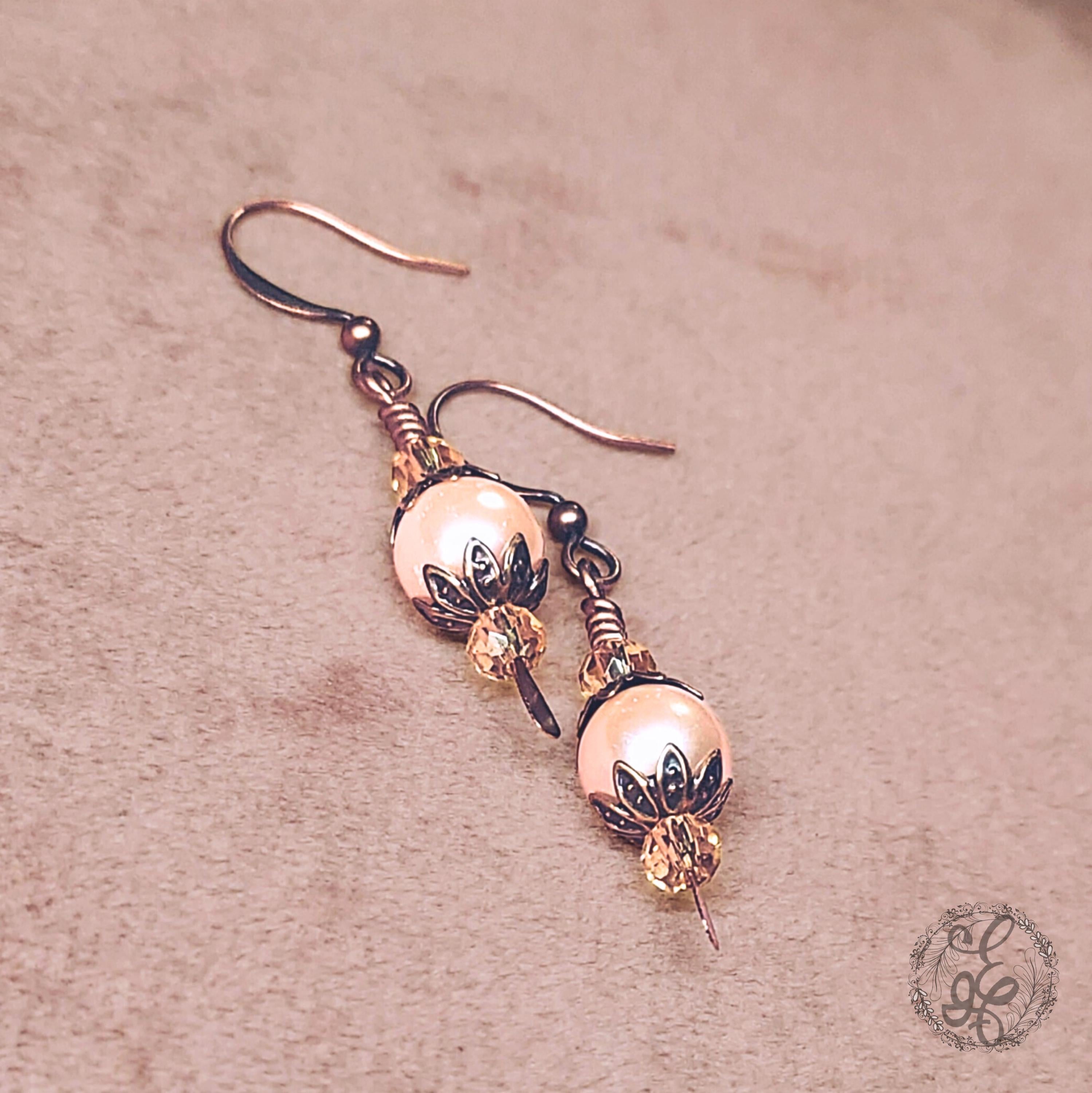 Victorian-Inspired Pearl & Crystal Earrings | Antique Copper Hypoallergenic Dangles