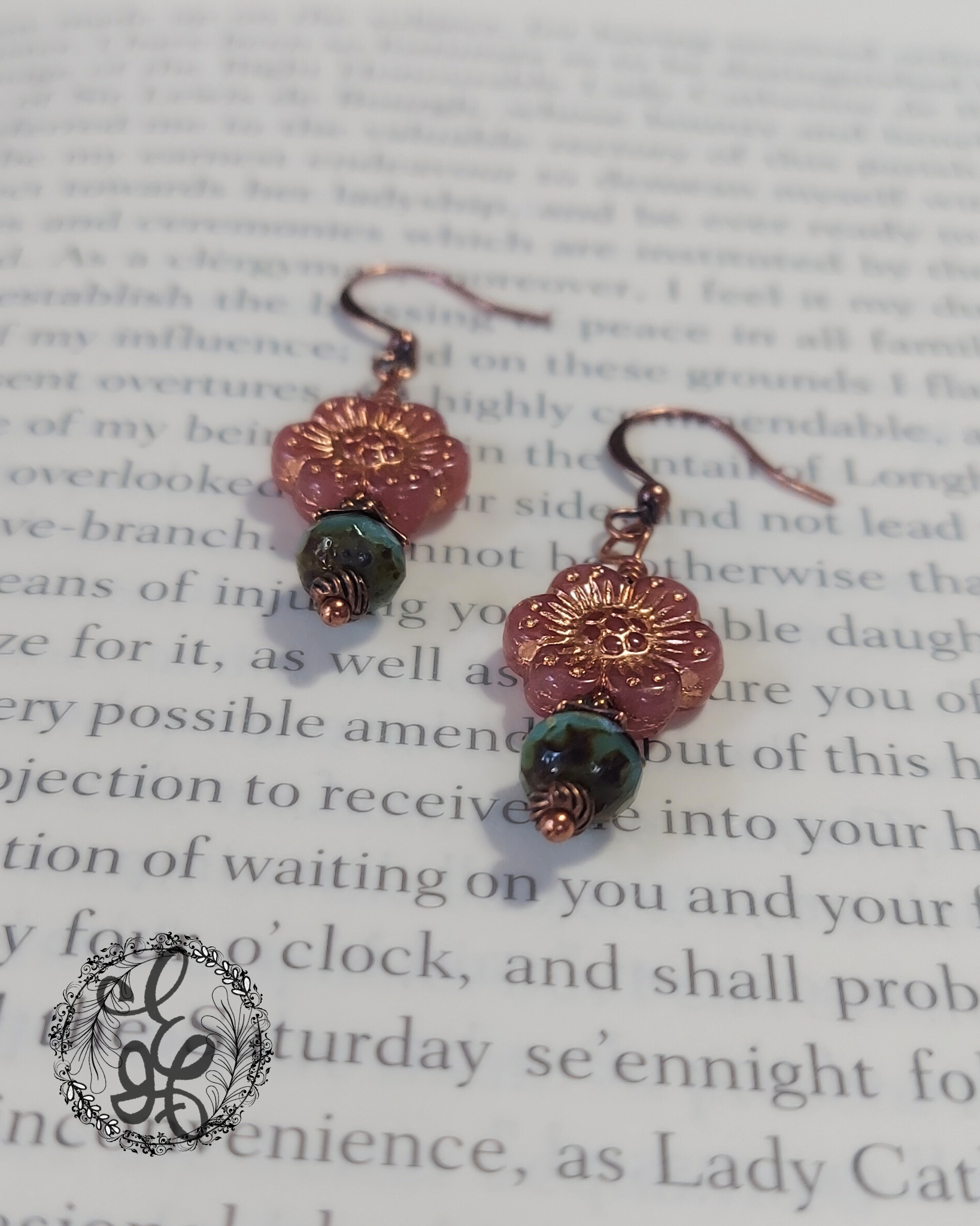 Vintage-Inspired Floral Rose Czech Glass Earrings – Antique Copper Dangle Earrings