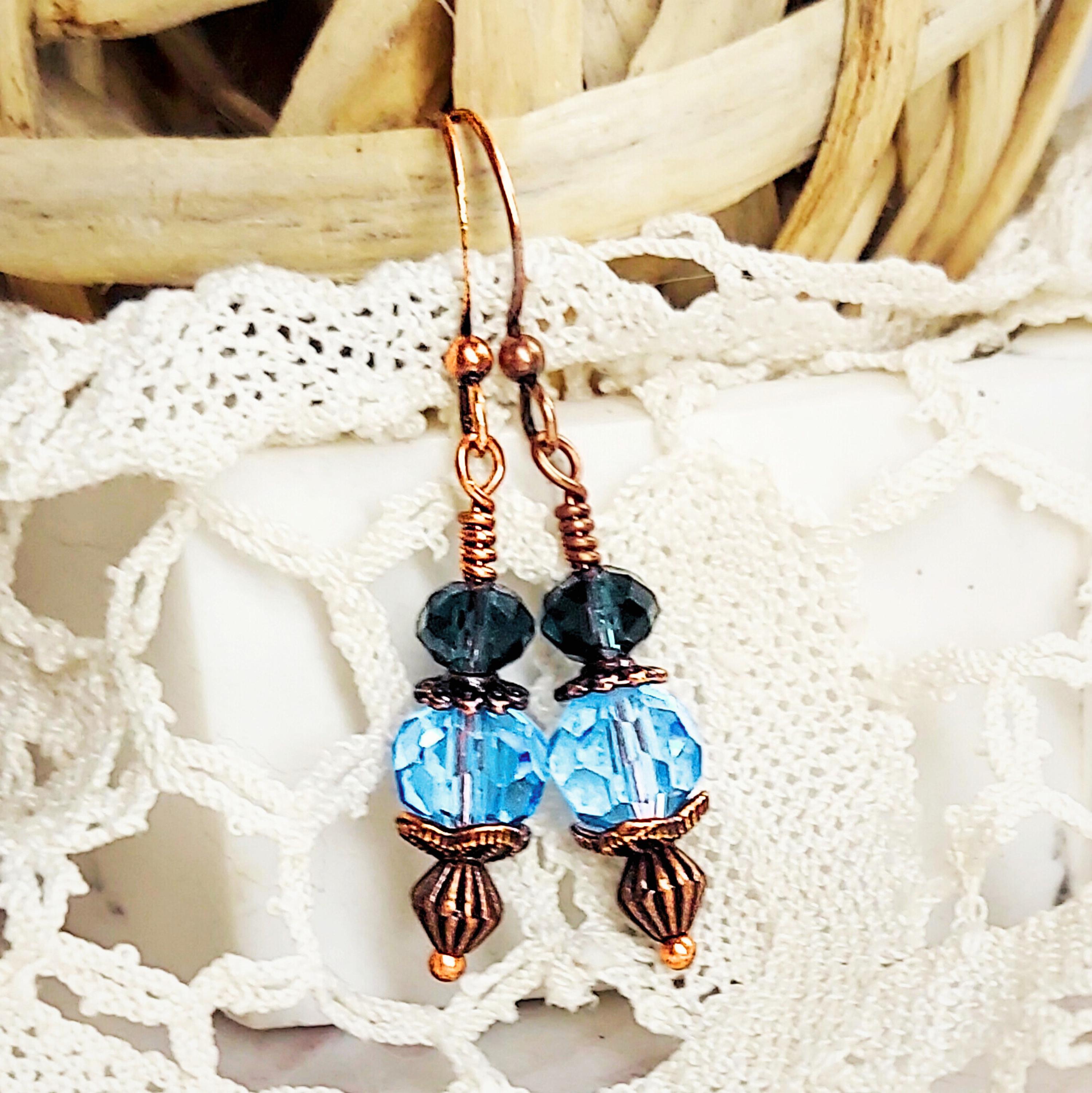 Blue Crystal Copper Earrings – Hypoallergenic Vintage Style Dangles