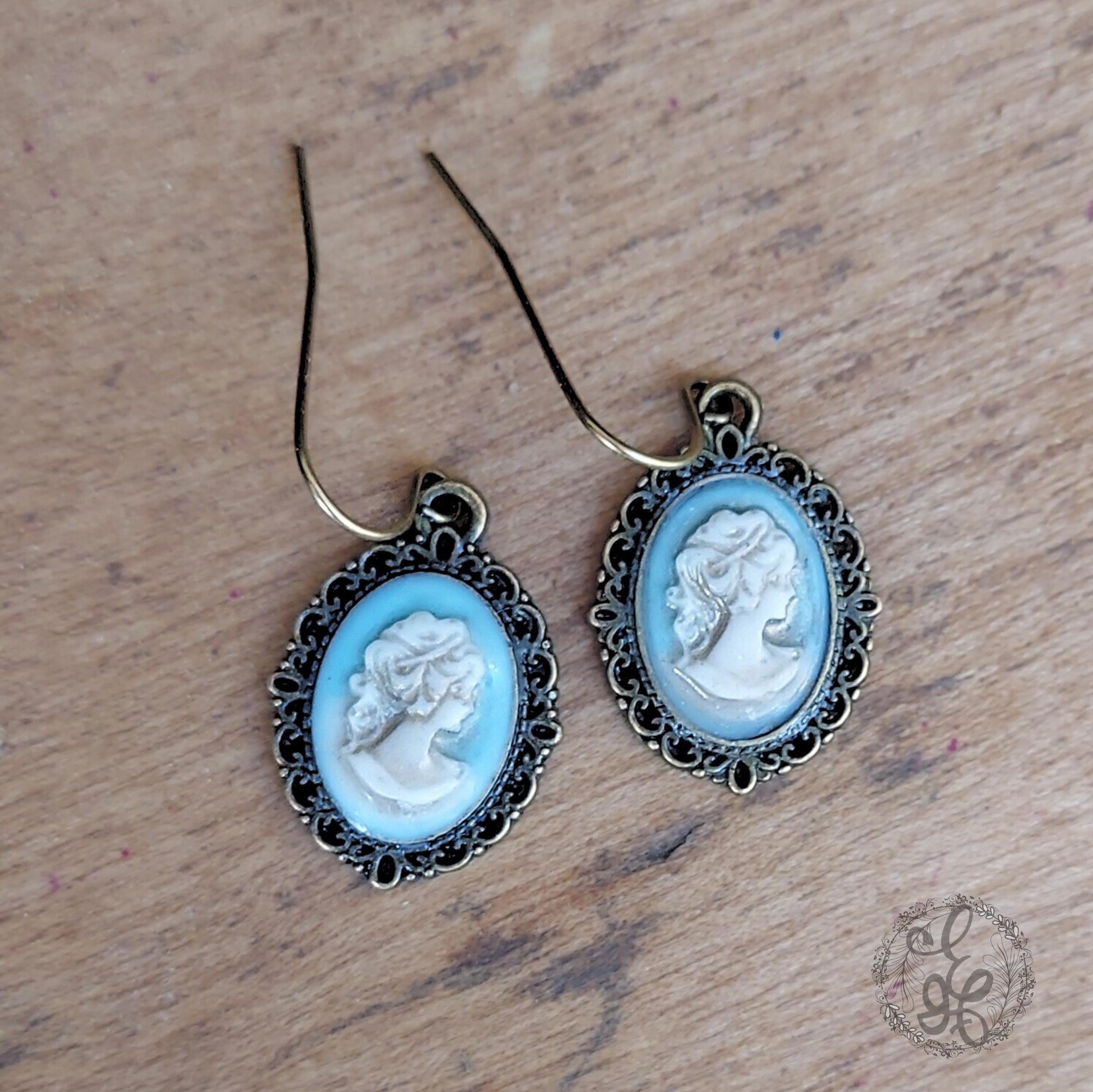 Antique Brass Cameo Earrings – Handcrafted, Sky Blue | Hypoallergenic Vintage Style Jewelry | Victorian Gift for Her