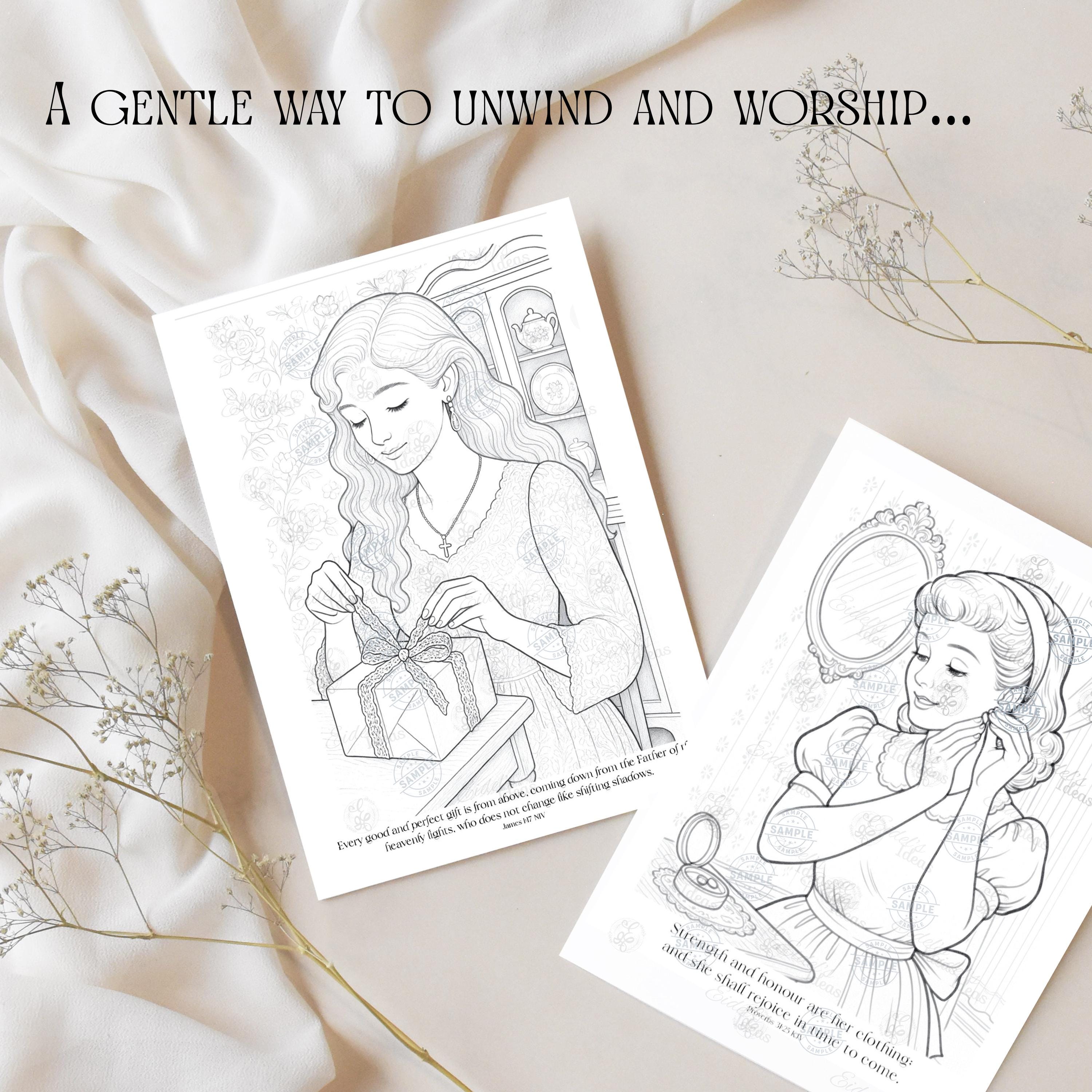 Vintage Homemaking Coloring Book | 15-Page Christian Coloring Pages for Women | Faith-Based Printable for Moms | Bible Verse Adult Coloring