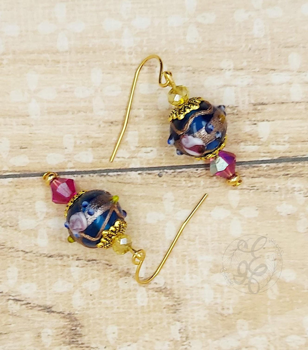 Gold Blue and Pink Crystal Earrings Rose dangle earrings gifts for her lampwork rose beads