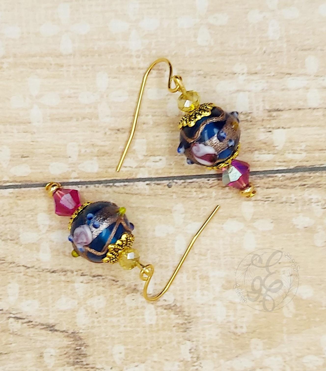 Gold Blue and Pink Crystal Earrings Rose dangle earrings gifts for her lampwork rose beads