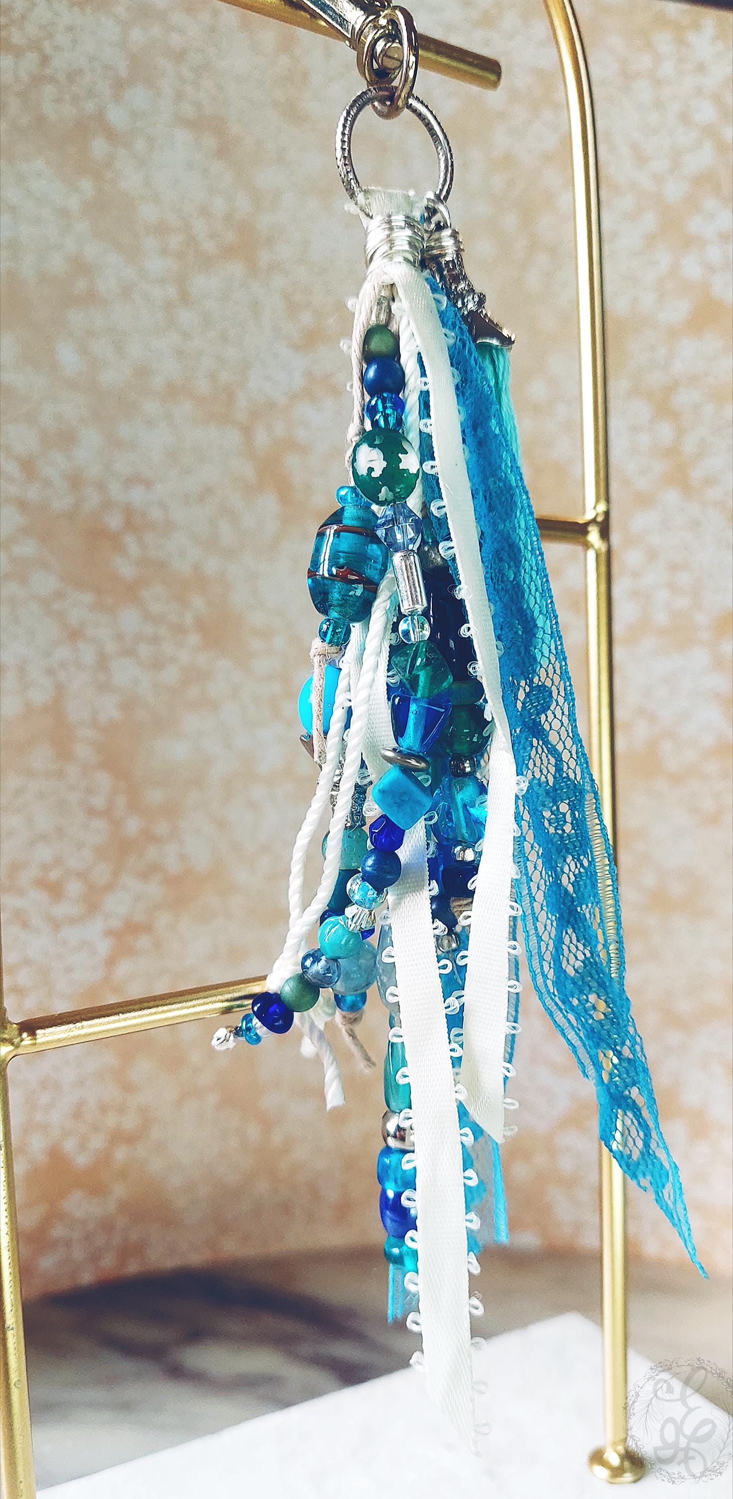 Handcrafted Blue Tassel Purse Charm | One of a Kind Boho Keychain with Lampwork Glass Beads