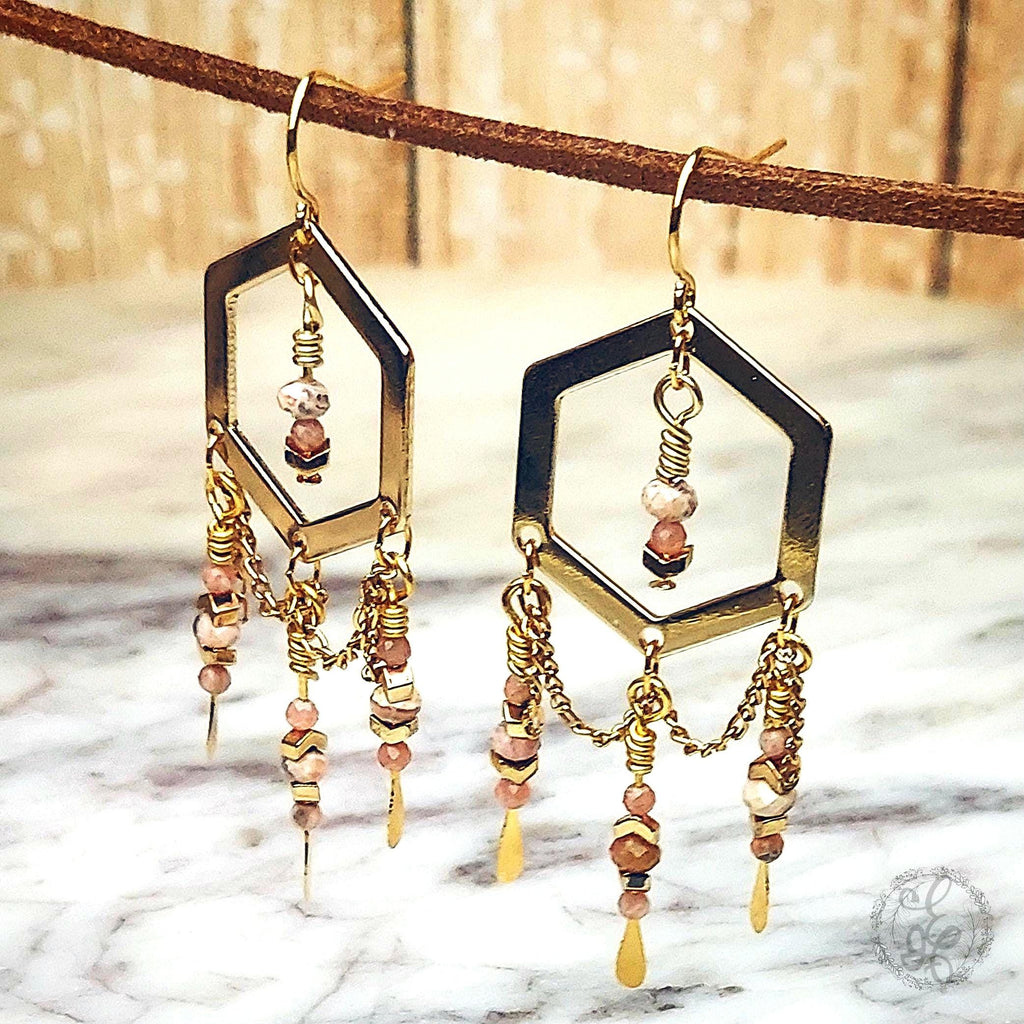 Elegant Rhodochrosite Gold Plated Chandelier Earrings