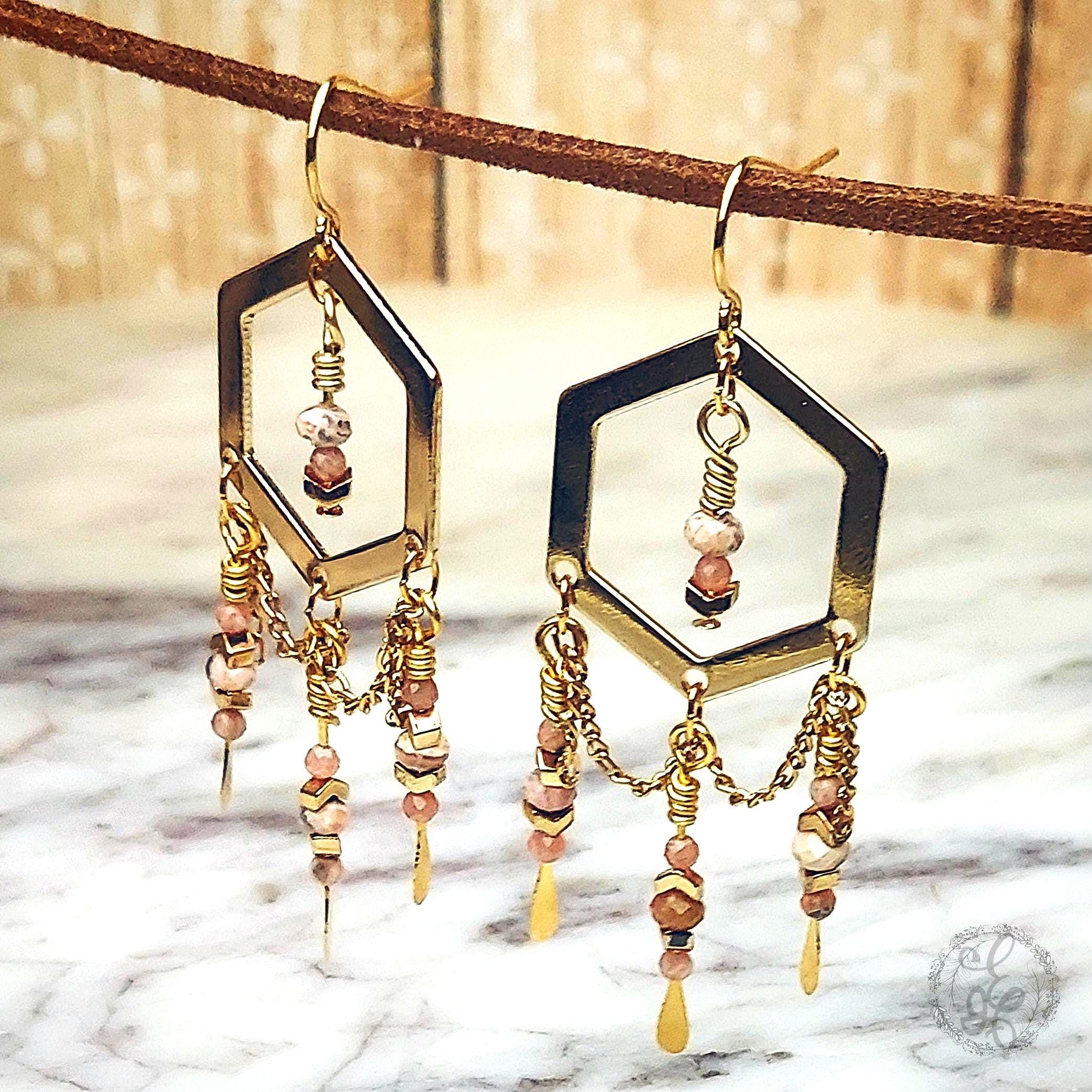 Elegant Rhodochrosite Gold Plated Chandelier Earrings