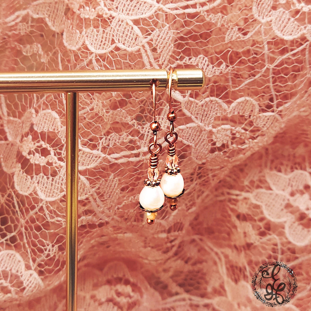 Freshwater Pearl Drop Earrings – Antique Copper & Czech Glass – Hypoallergenic, Vintage-Inspired Dangle Earrings