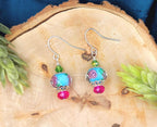 Rose Dangle Drop Earrings, blue pink and green danity earrings