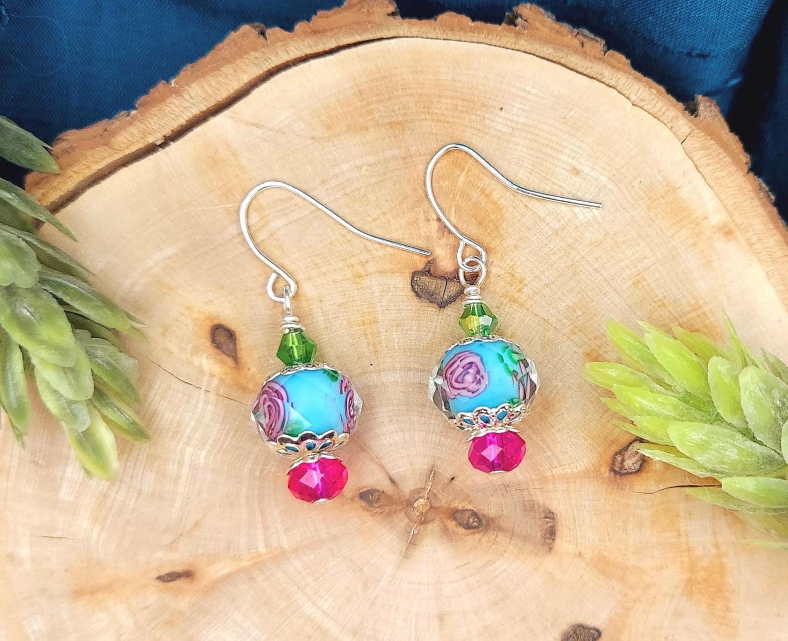 Rose Dangle Drop Earrings, blue pink and green danity earrings