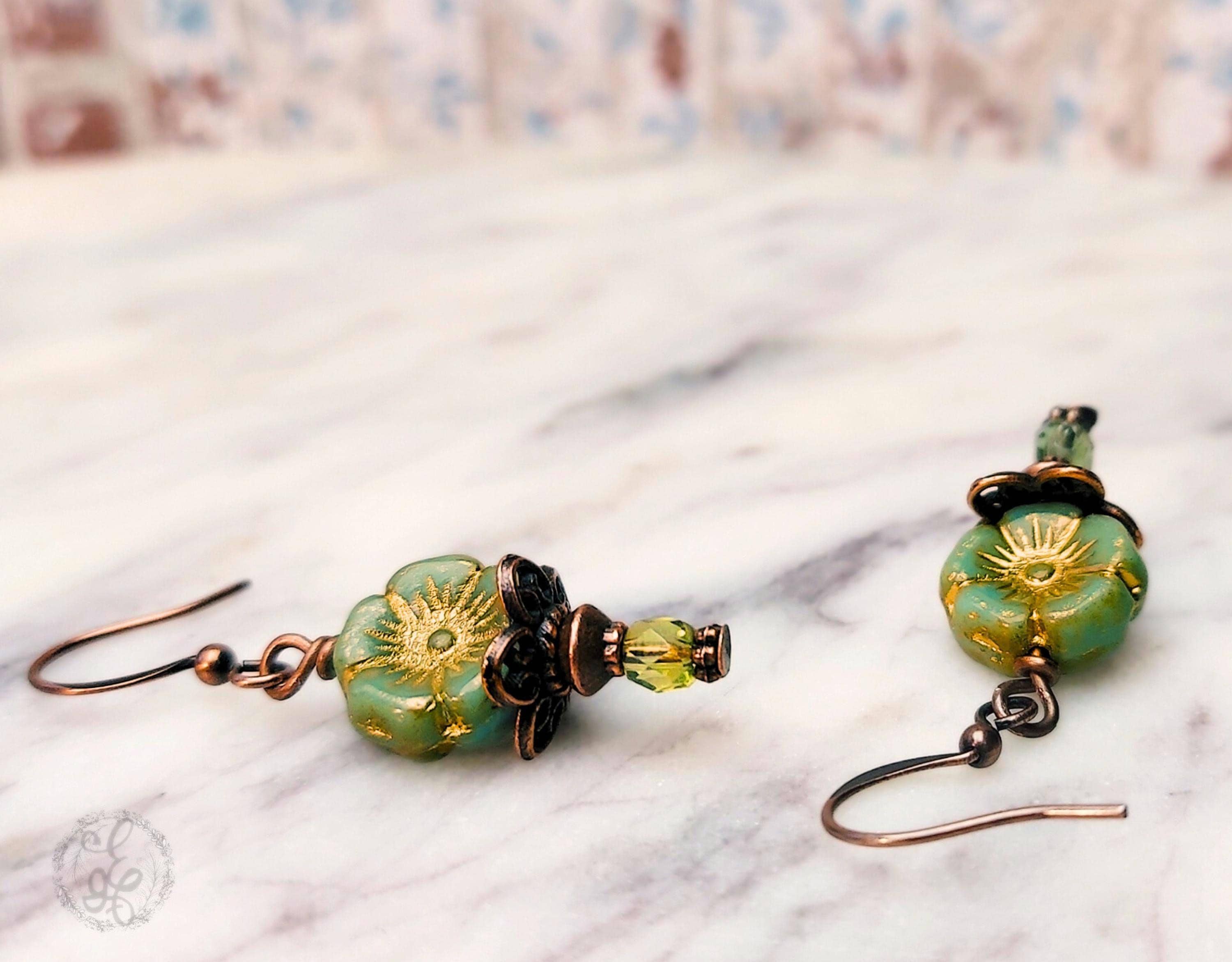 Vintage-Inspired Floral Czech Glass Earrings – Antique Copper Dangle Earrings