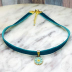 Teal Velvet Choker Necklace with Daisy Charm – Handcrafted Adjustable Choker