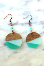 Retro 90s Wood & Aqua Resin Earrings – Lightweight Statement Dangles with Copper Earwires | Vintage-Inspired Artisan Jewelry