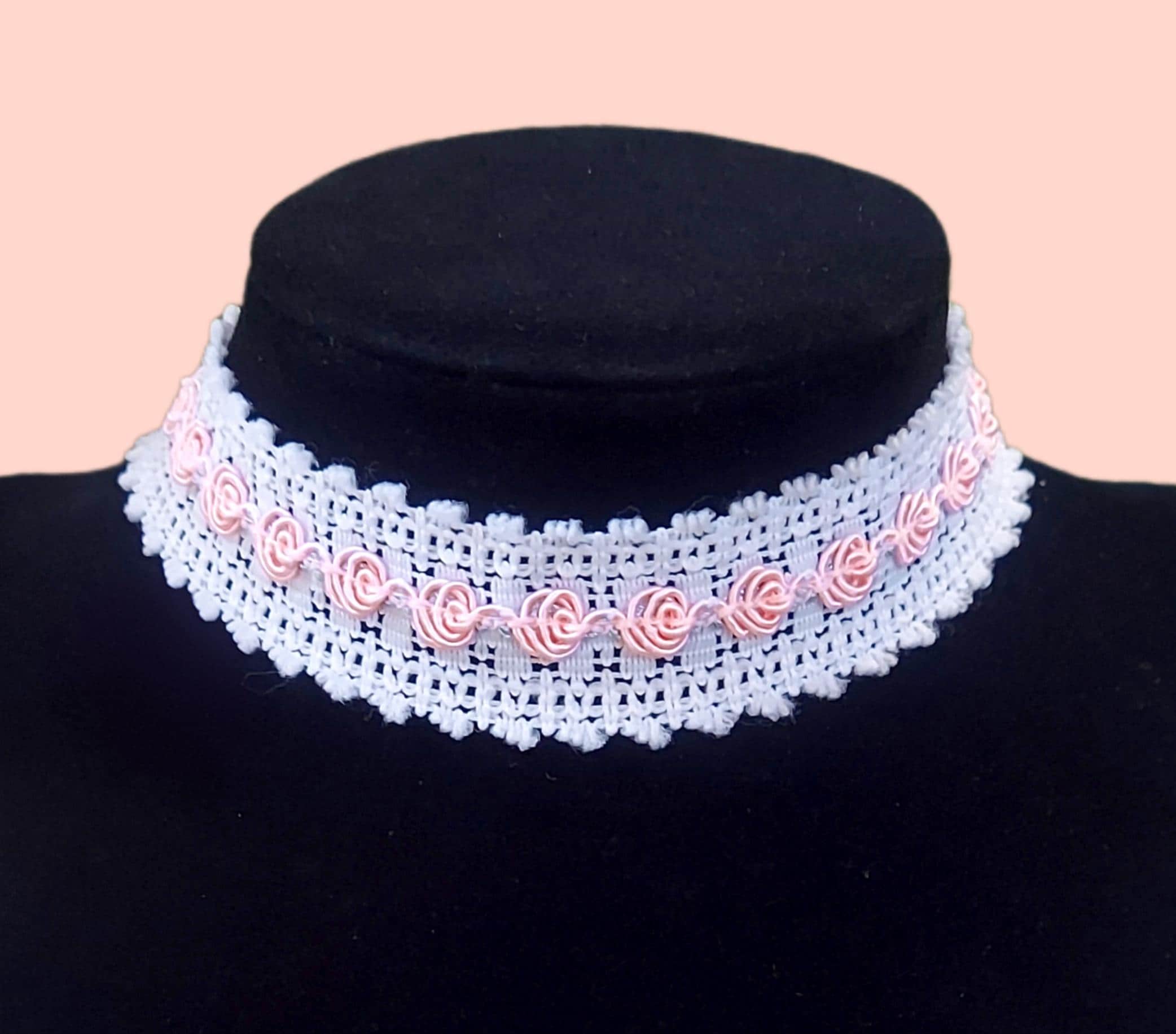 Spring Rose Lace Choker Necklace for Women Pink and White Crochet Choker, Easter & Spring Accessories