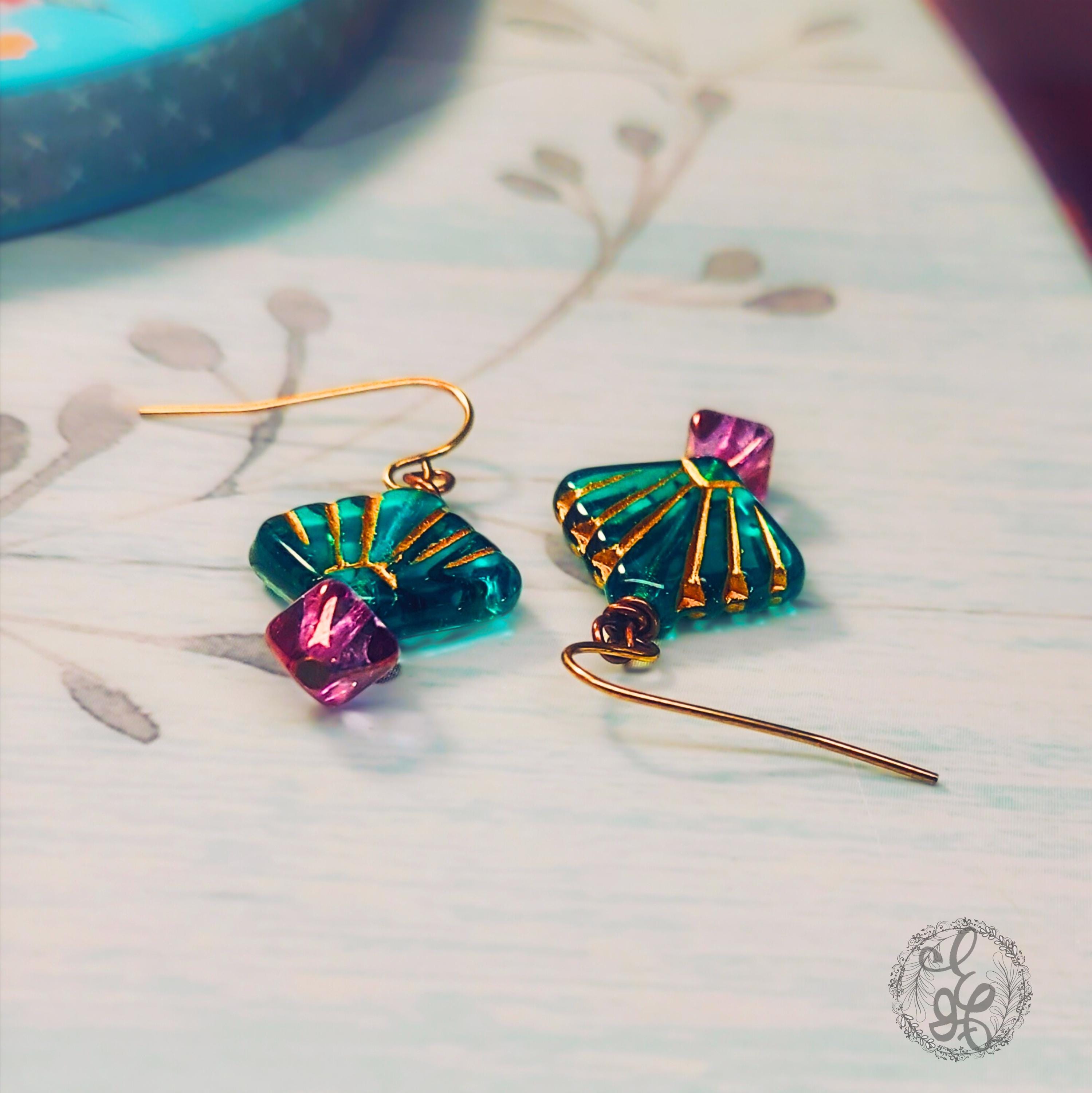 Mermaid Shell Earrings – Teal & Purple Czech Glass Dangle Earrings – Hypoallergenic Brass Hooks – Eidel’s Ideas Original