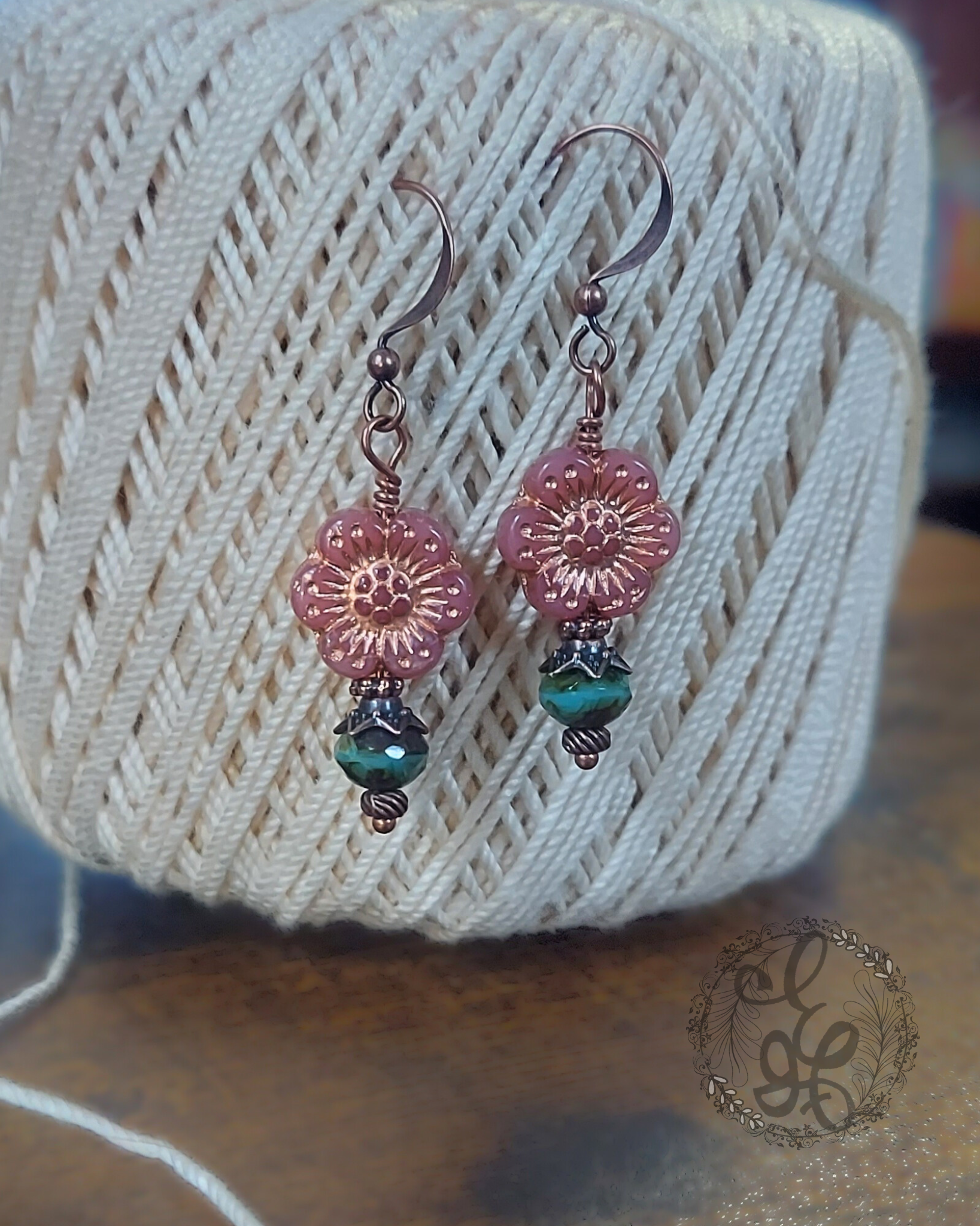 Vintage-Inspired Floral Rose Czech Glass Earrings – Antique Copper Dangle Earrings