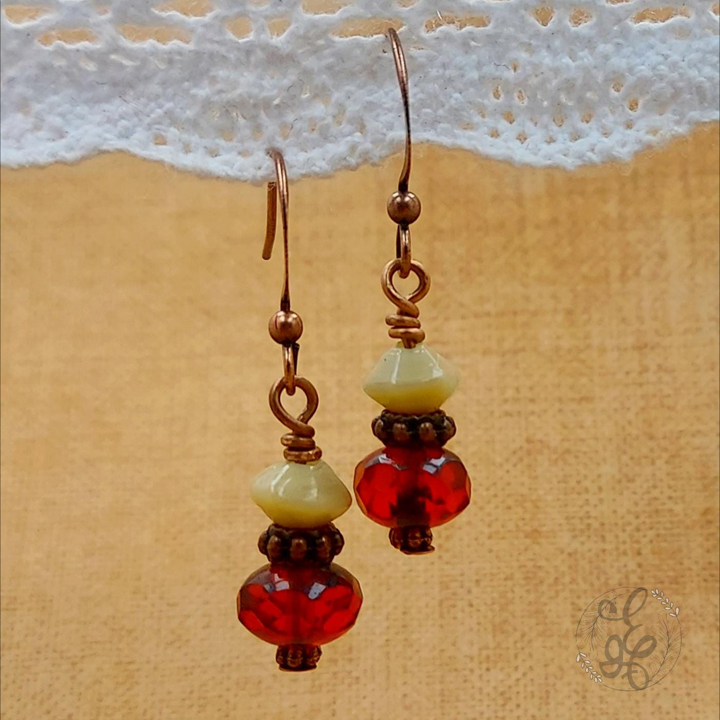 Grenadine Red Dangle Earrings with Antique Copper Finish, Mother's Day Gift for Her