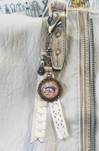 Vintage Sewing Purse Charm – Resin Cabochon with Antique Sewing Machine, Lace & Measuring Tape Ribbon