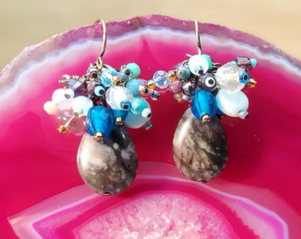 Genuine Jasper Gemstone Earrings – Earthy Boho Cluster Earrings – Antique Gold Jewelry