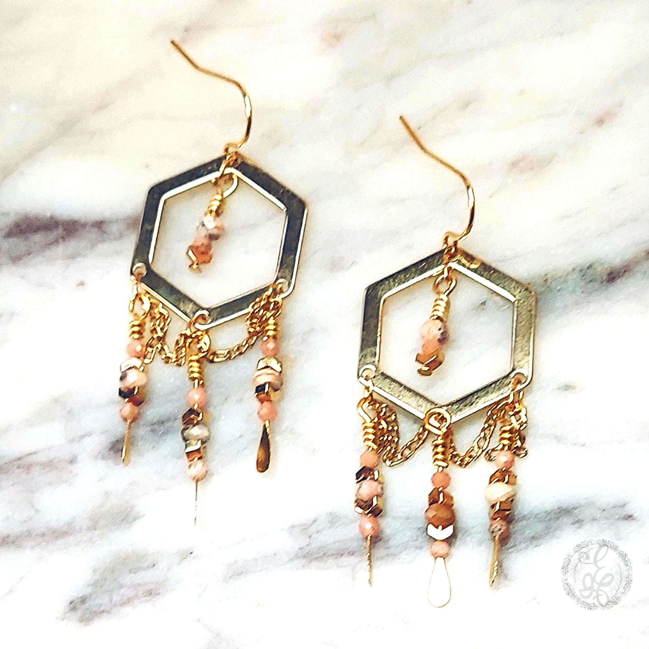 Elegant Rhodochrosite Gold Plated Chandelier Earrings