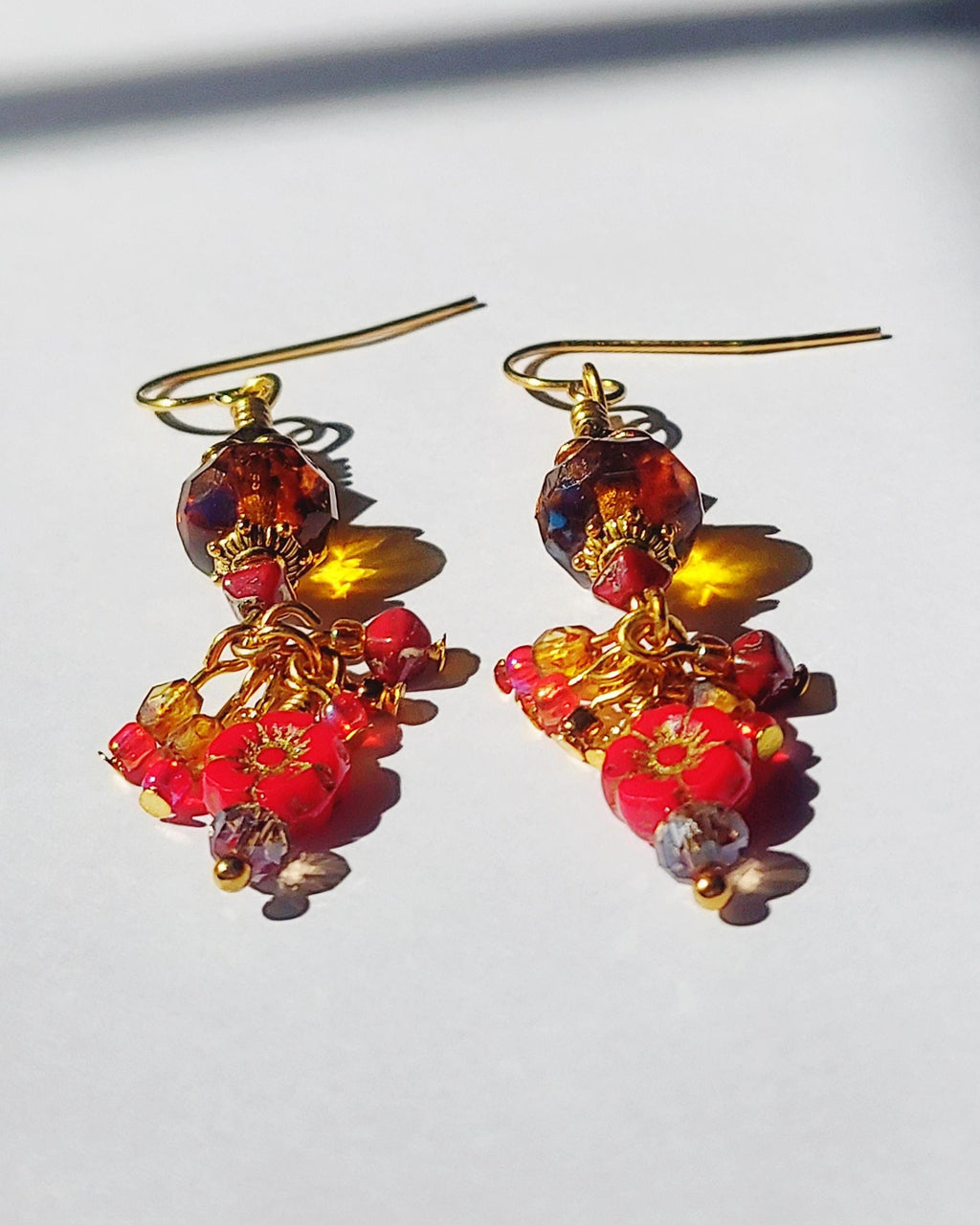 Czech Glass Dangle Earrings – Vintage-Inspired Amber and Red Floral Earrings, Crystal Beaded Jewelry
