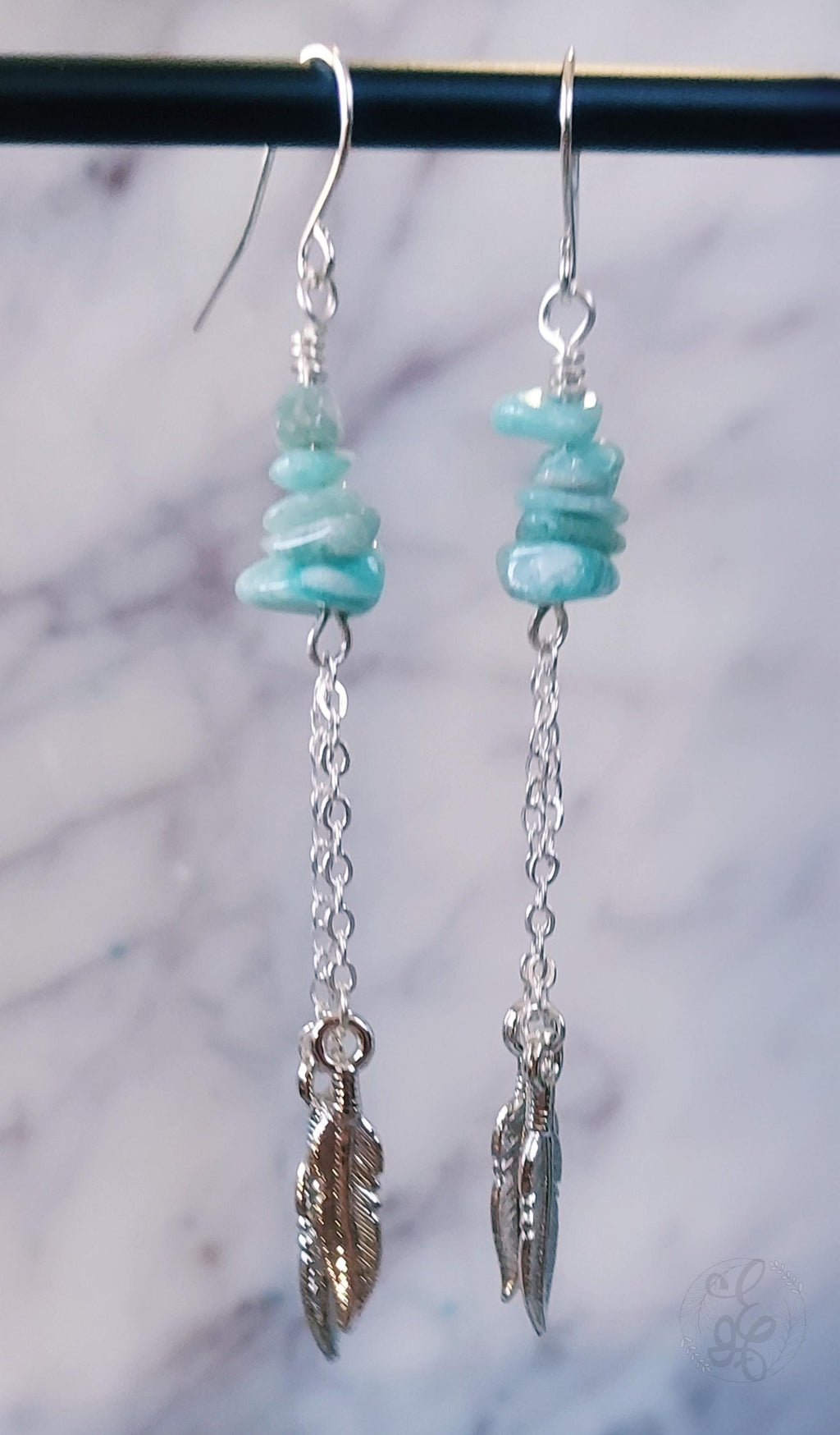 Amazonite Earrings: Long Silver Feather, Boho Chic Amazonite Dangle Earrings - Handmade Gemstone Jewelry