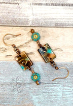Boho Copper and Czech Glass Dangle Earrings with Tortoiseshell Focal and Flower Accent, Handmade Artisan Jewelry