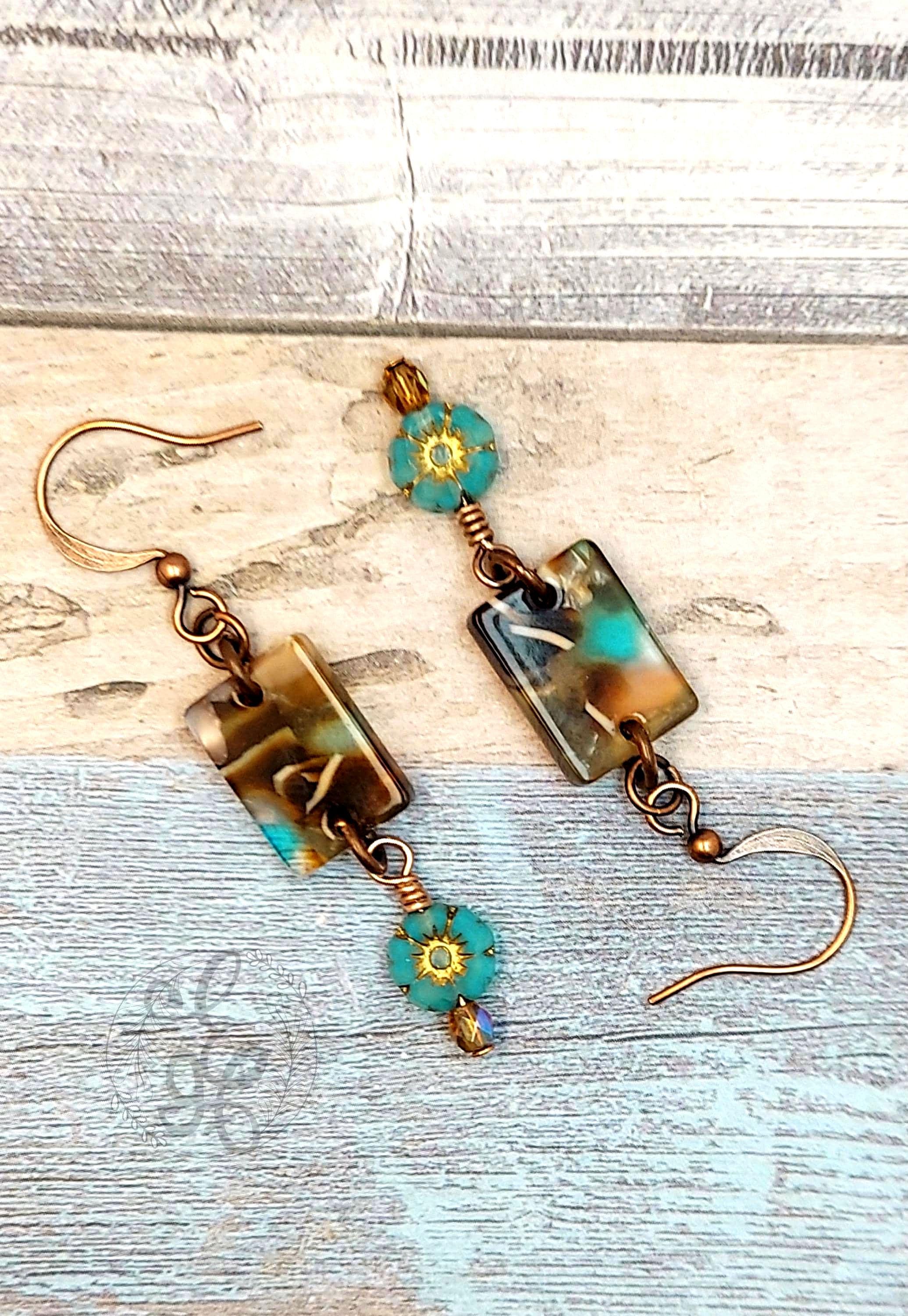 Boho Copper and Czech Glass Dangle Earrings with Tortoiseshell Focal and Flower Accent, Handmade Artisan Jewelry