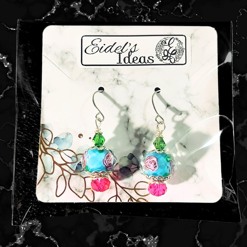 Rose Dangle Drop Earrings, blue pink and green danity earrings