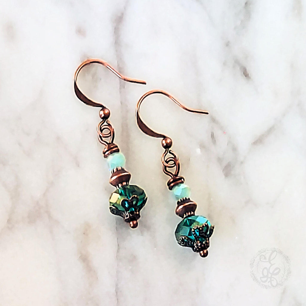 Victorian Inspired Peacock Blue Crystal Earrings | Antique Copper Filigree Dangles
