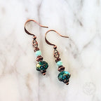 Victorian Inspired Peacock Blue Crystal Earrings | Antique Copper Filigree Dangles