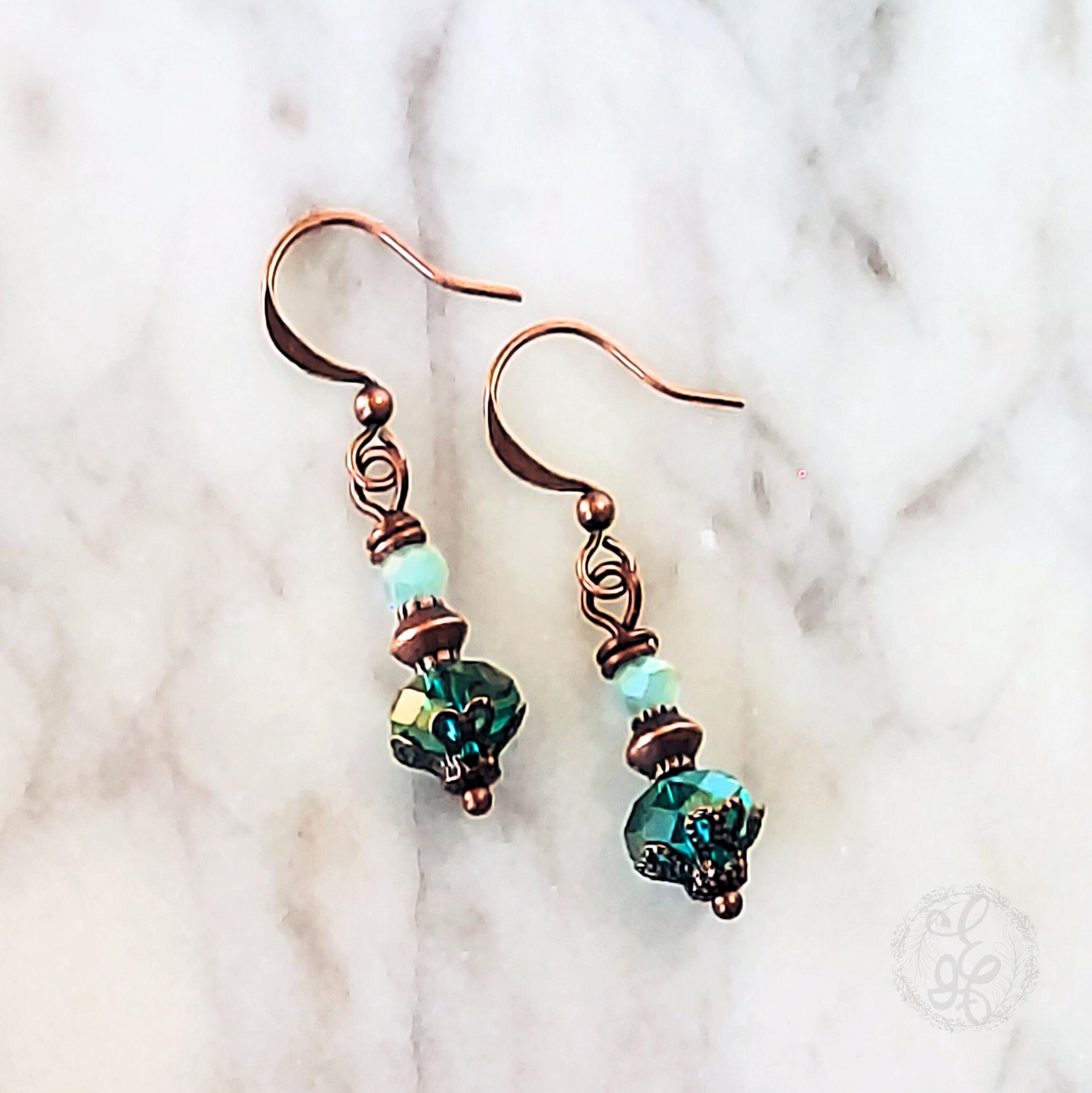 Victorian Inspired Peacock Blue Crystal Earrings | Antique Copper Filigree Dangles