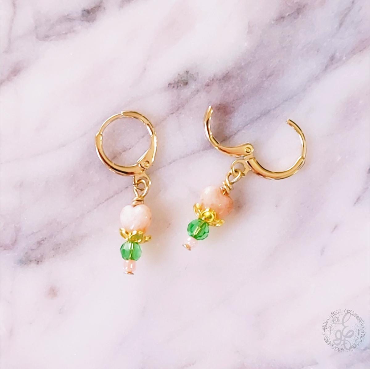 Petite Gold Huggie Hoop Earrings – Pink & Green Crystal Dangles | 18K Gold Hoops for Girls