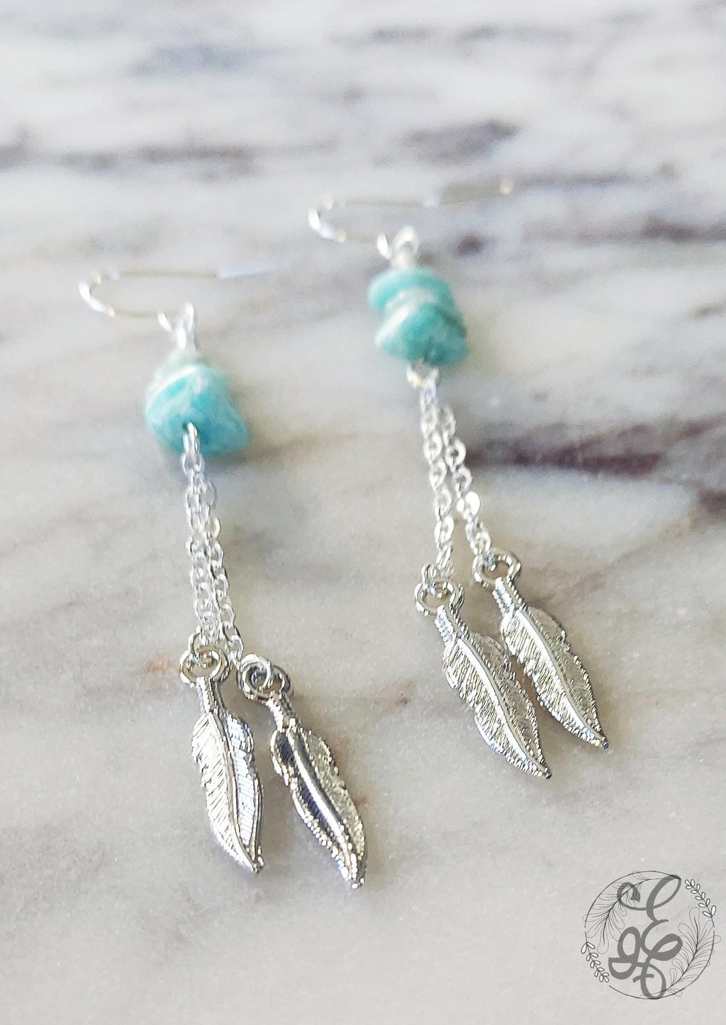 Amazonite Earrings: Long Silver Feather, Boho Chic Amazonite Dangle Earrings - Handmade Gemstone Jewelry