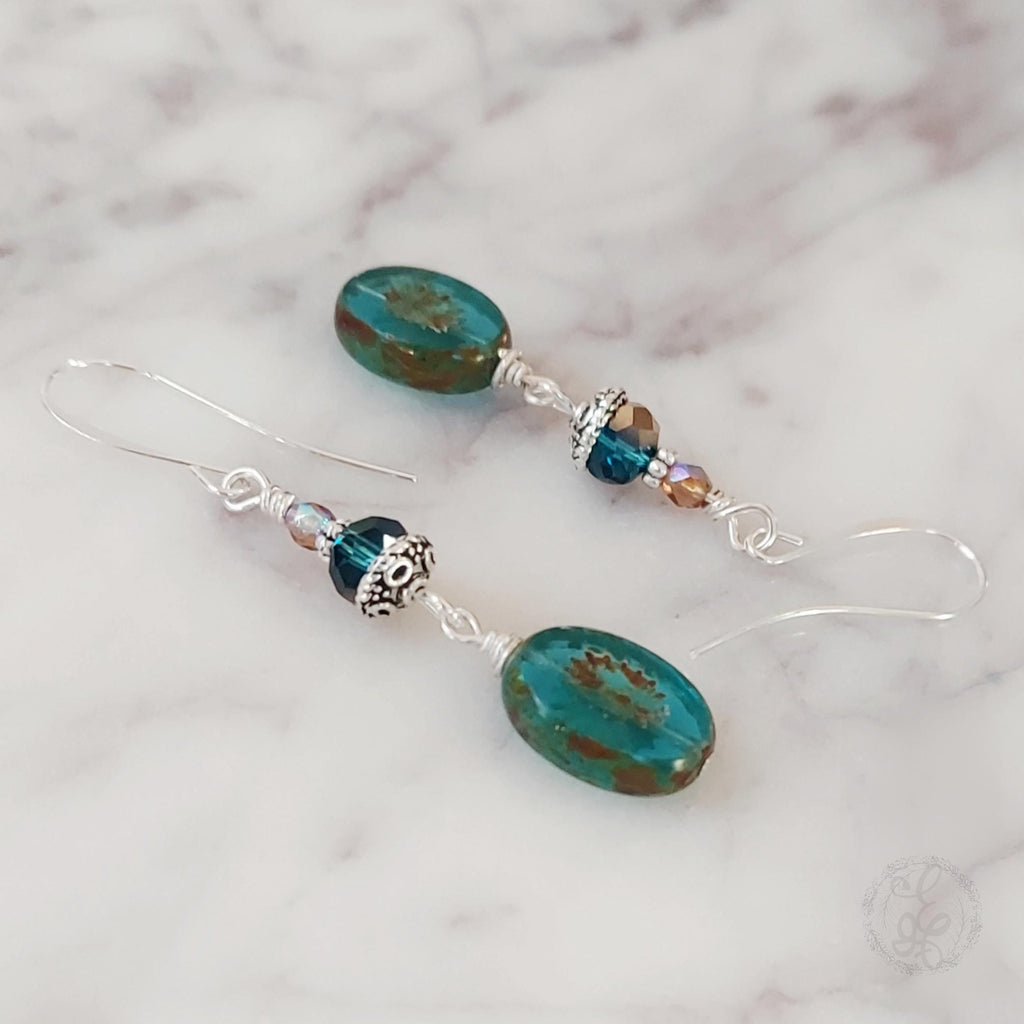 Turquoise Starburst Dangle Earrings – Silver Accents & Czech Glass Beads