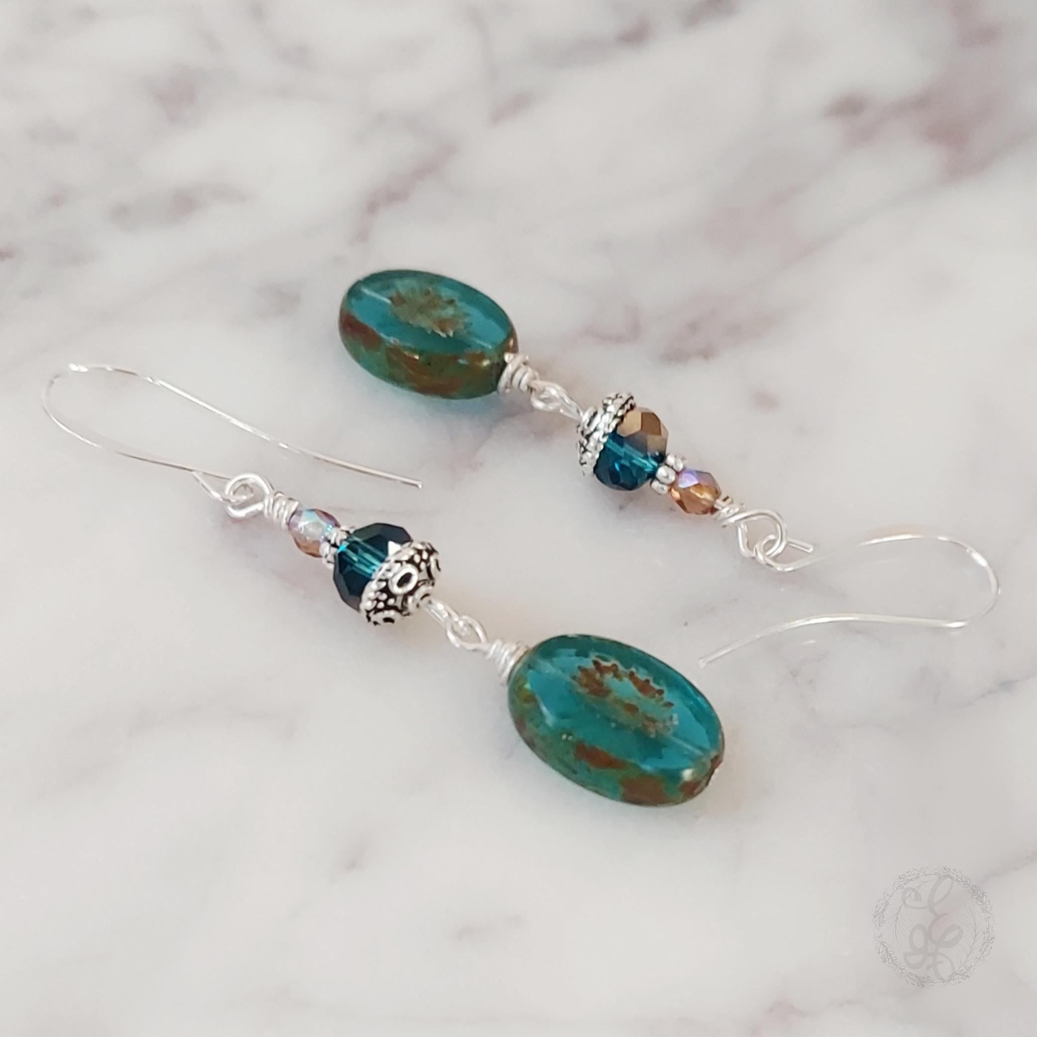Turquoise Starburst Dangle Earrings – Silver Accents & Czech Glass Beads